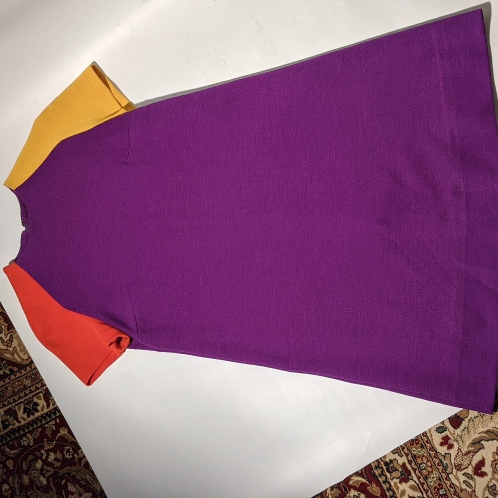 1968 J.Logan Mini dress, sz 6, MaryQuant vibe. Color block purp, yel, orange.